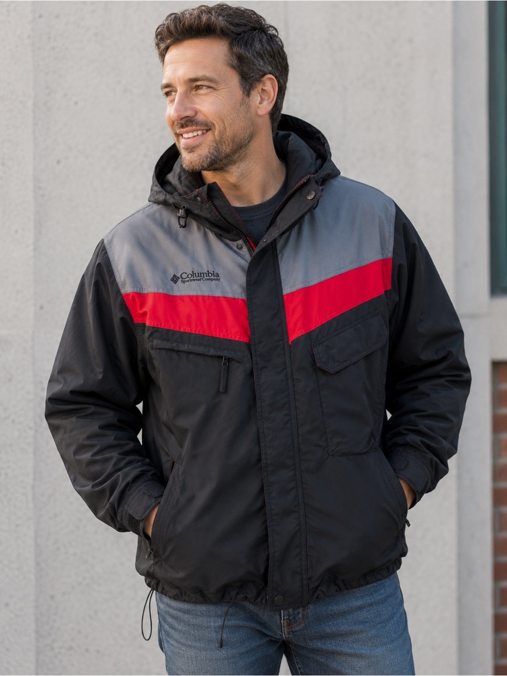 Vintage Columbia Sportswear Men’s Large Hooded Colorblock Jacket Black Red Gray